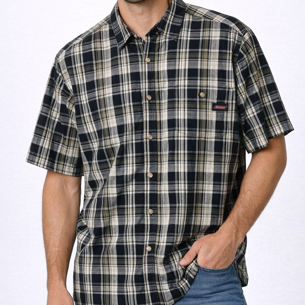 Dickies Men’s Plaid Button Up Shirt 2XL Black White Green‎ Short Sleeve Workwear